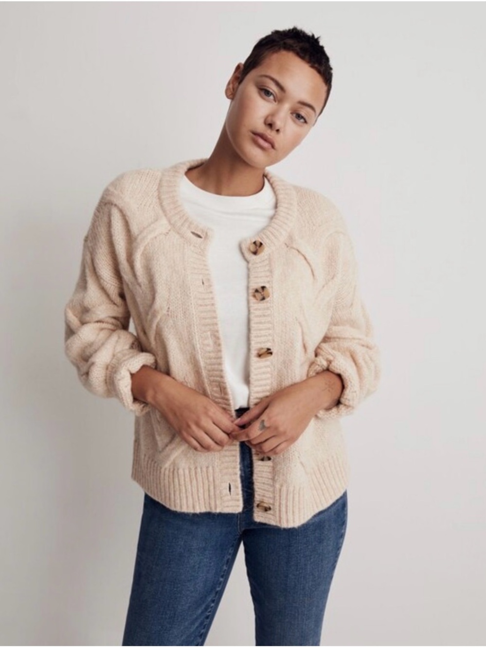 Madewell Cable Ashmont Cardigan Sweater Heather Powder Wool Blend L